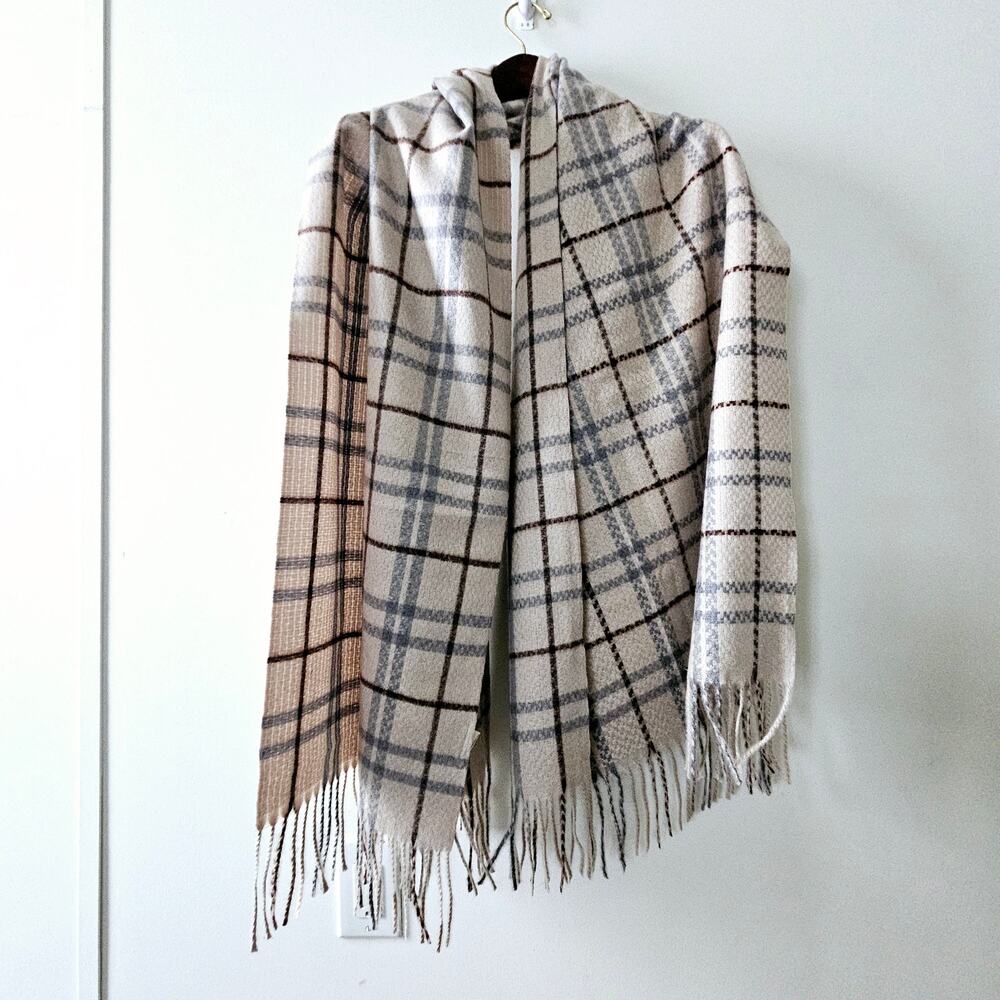 Pretty Persuasions Beige Plaid Fringed Shawl Wrap Ladies Accessories Bluish Grey
